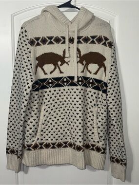 American Eagle Cream Fair Isle Moose Hoodie Sweatshirt Men’s Medium Brown
